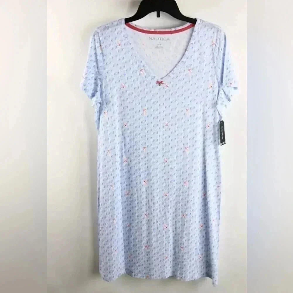 Nautica white with blue seashell anchor print short sleeve sleep shirt sz L